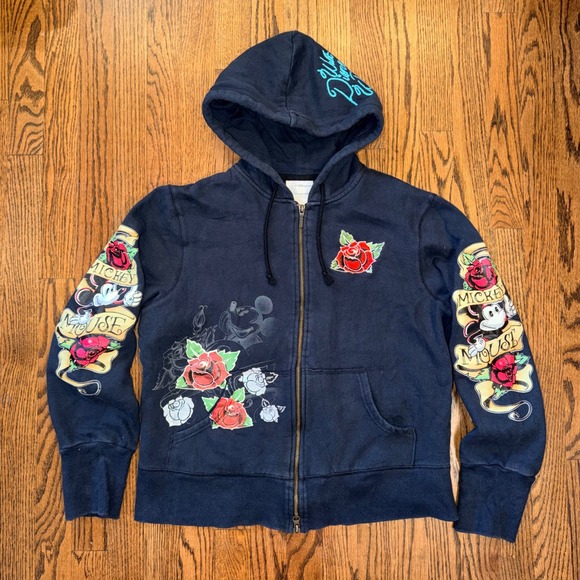 Disney Tops - Disney Mickey Mouse Tattoo Rose Zip Hoodie XL Kids Fits Adult Small Black